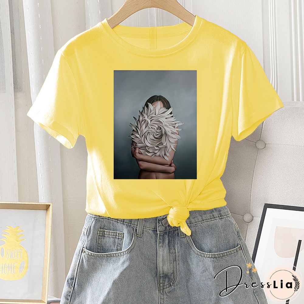Summer Casual Women T-shirt 100% Cotton Short Sleeve Flower Photo Print Female Graphic Vintage T Shirt Ladies Round Neck Tee Top