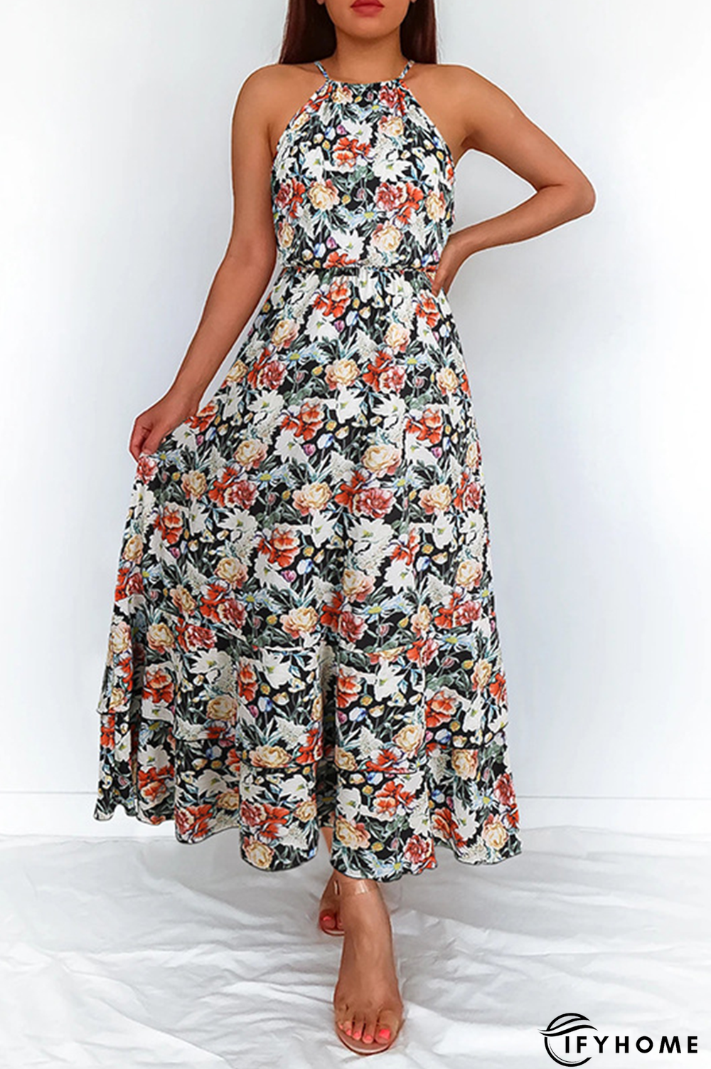 Elegant Floral Split Joint Halter Waist Skirt Dresses | IFYHOME