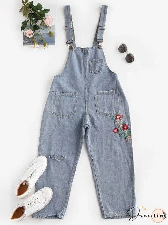 Floral Embroidered Ripped Denim Overalls Jumpsuit