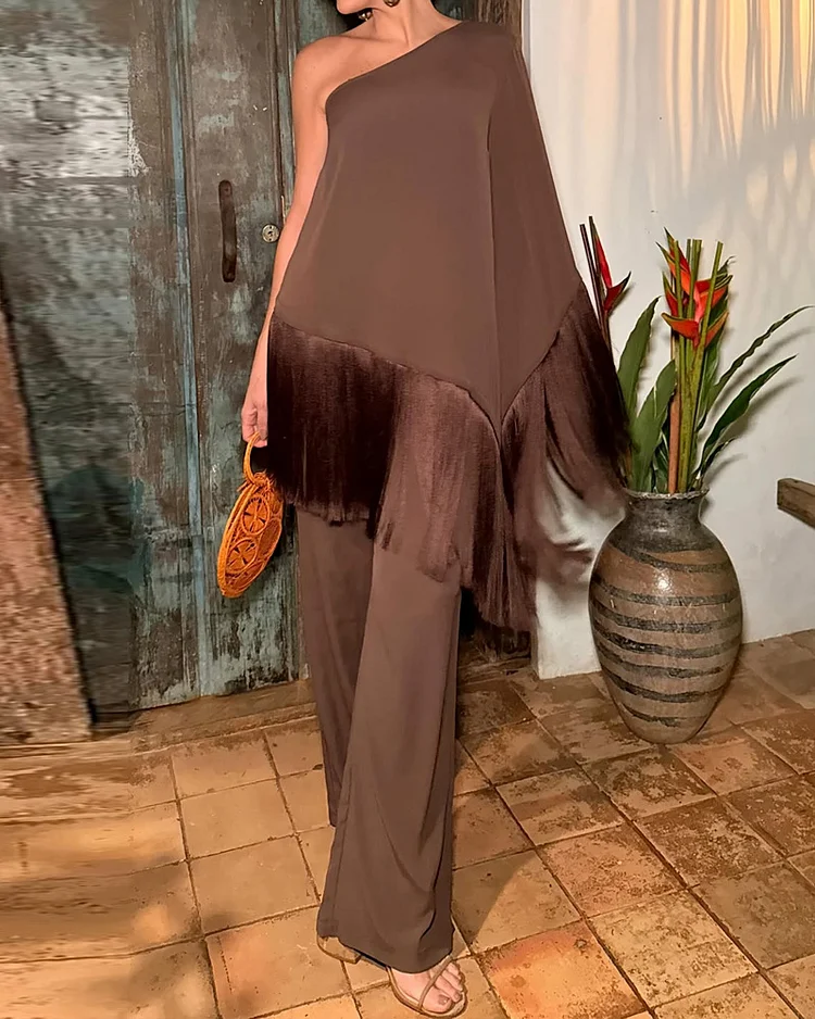 One-shoulder solid color loose tassel two-piece suit