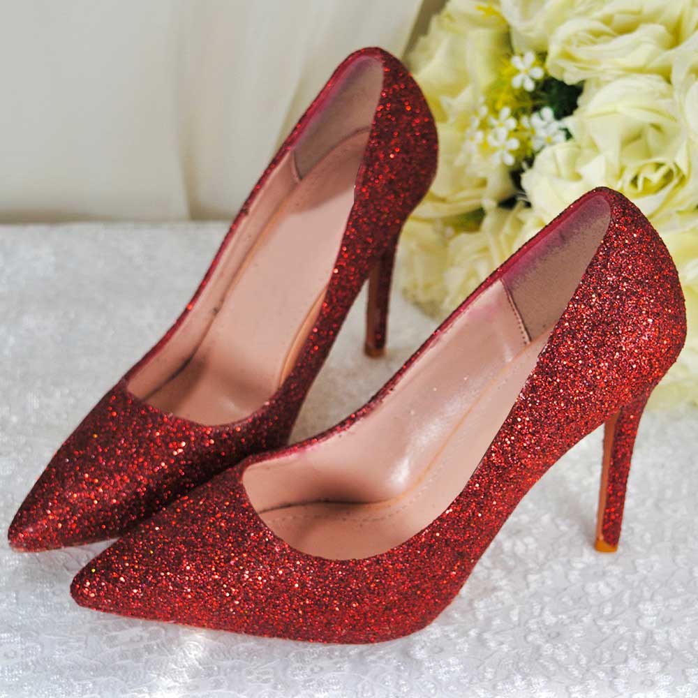 Red Glittery Pointed Toe 3'' Stiletto Heel Sparkling Bridal Pumps Nicepairs