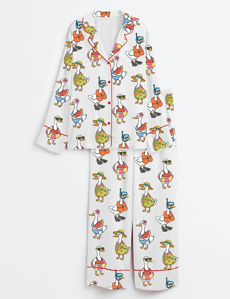 Women&rsquo;s Just A Silly Goose Summer Cute Retro Goose Print Long Sleeve Satin Pajama Set