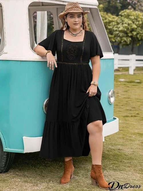 Plus Size Square Neck Short Sleeve Ruffle Hem Dress