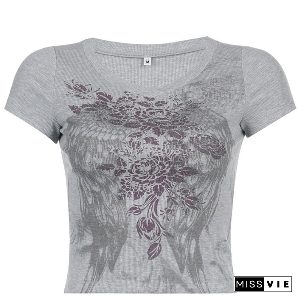 Heart Wing Graphic Printed Threaded Rhinestone Short Sleeve Shirt