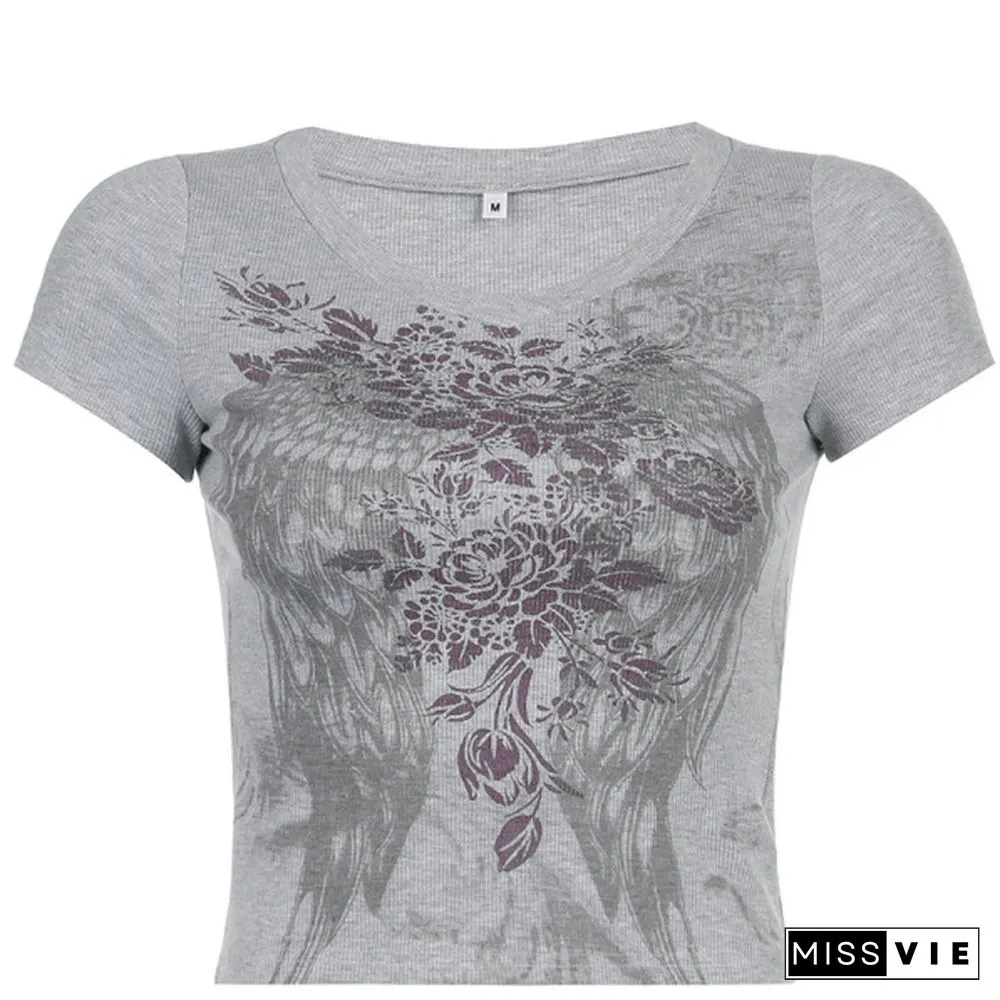 Heart Wing Graphic Printed Threaded Rhinestone Short Sleeve Shirt