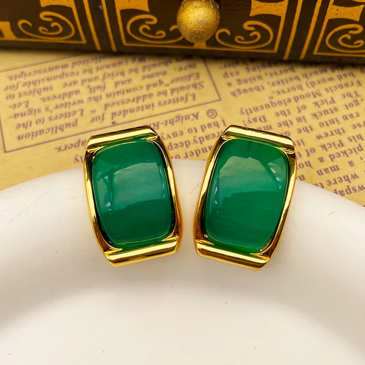 Geometric green cat's eye stone earrings