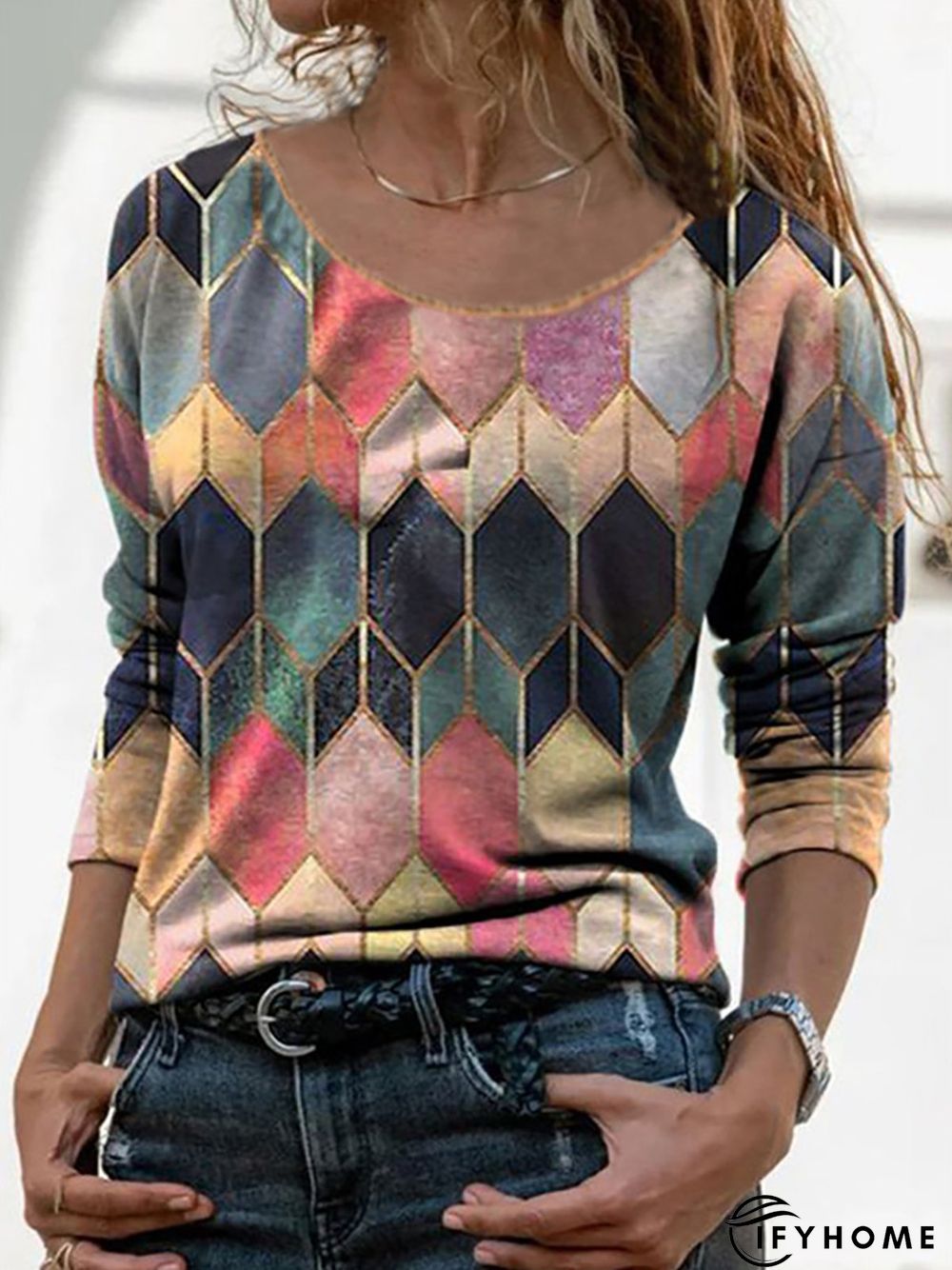 Women's Geometric Printed Roumd Neck Long Sleeve Casual Top | IFYHOME