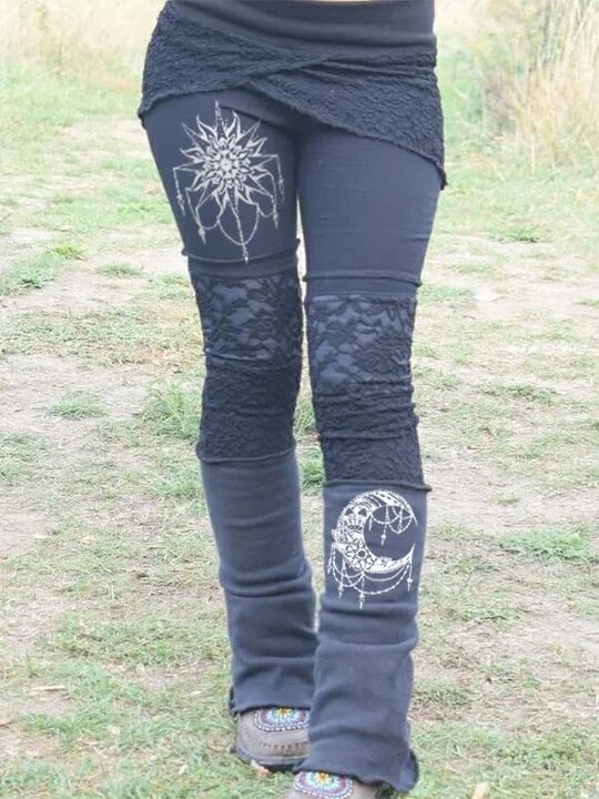 Women's Vintage Lace Sun Moon Print Patchwork Stretch Leggings