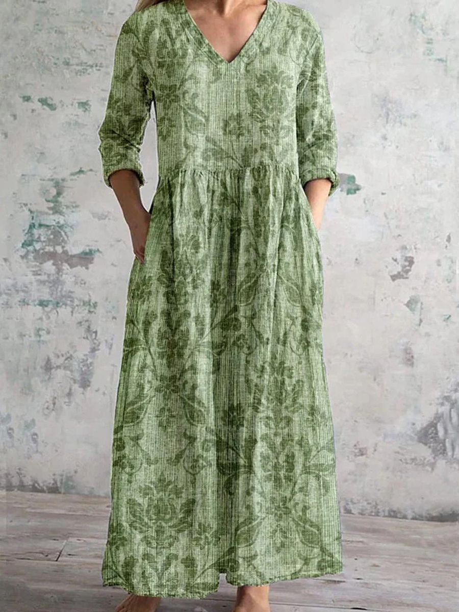 Women's 3/4 Sleeve V-neck Floral Printed Midi Dress
