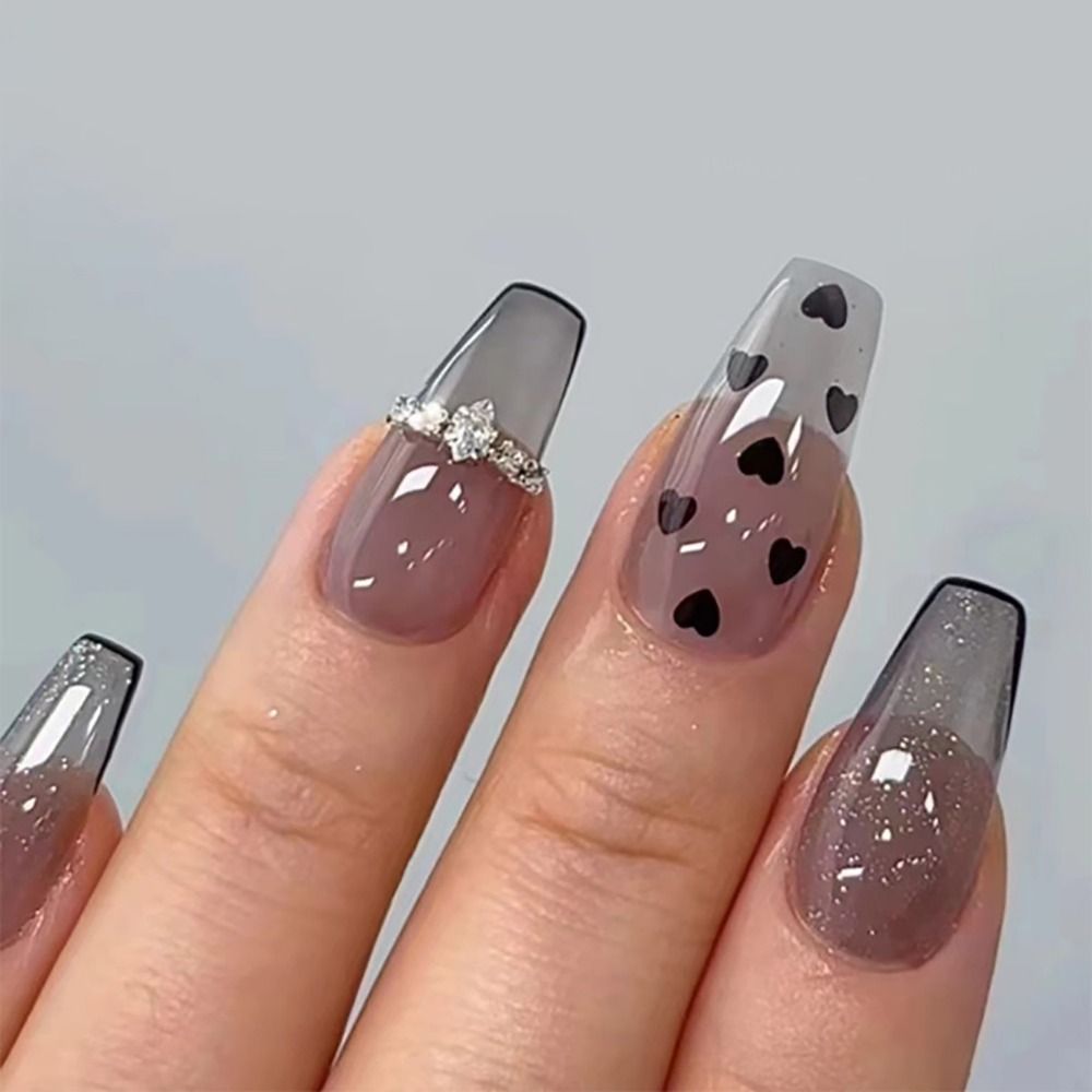 24/30PCS Spice Glitter False Nail Gilt French Flower Smudging Press on Nails Ink Painting Full Cover Fake Nail for Women Girl