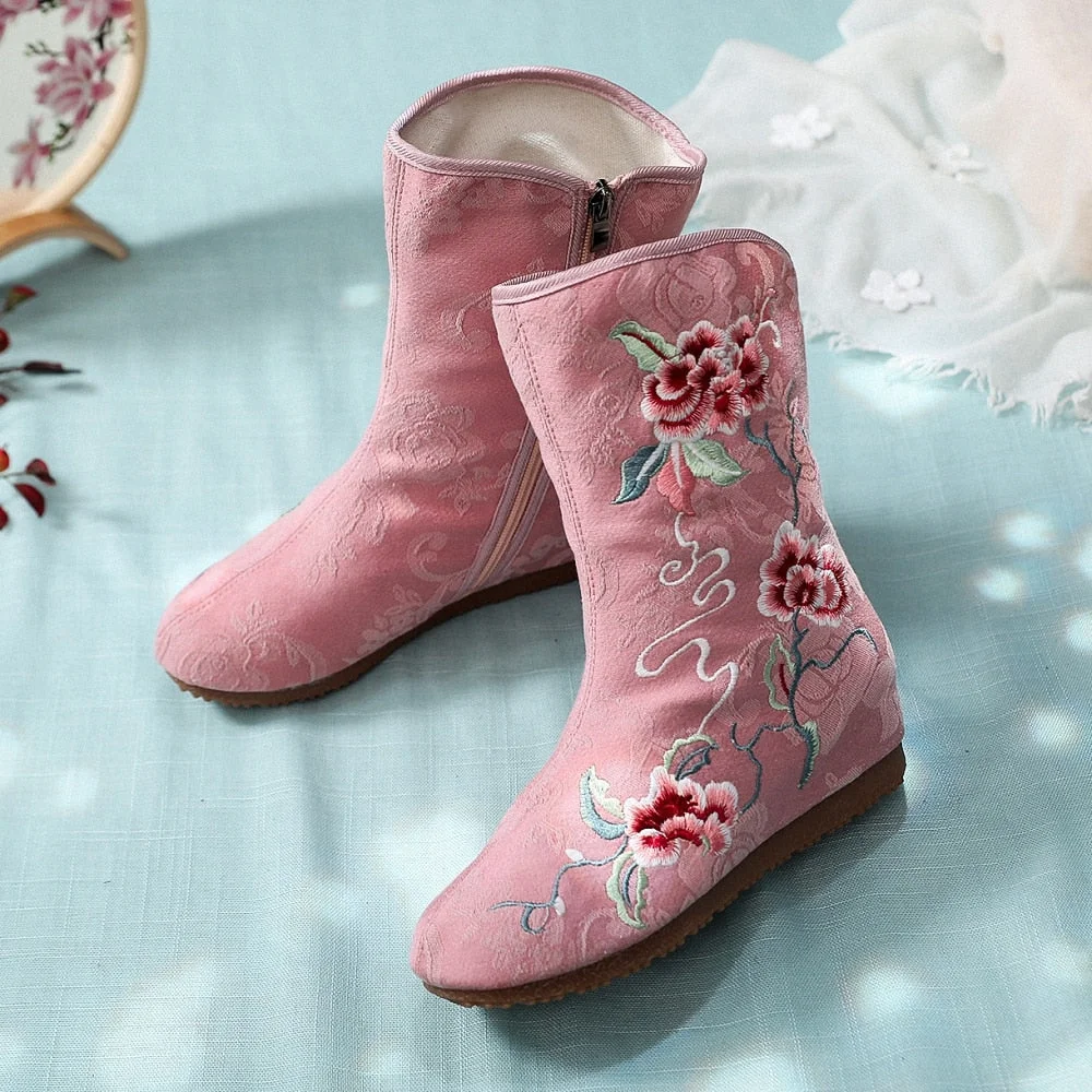 Ladies Cotton Canvas Shoes Flower Embroidery Women Casual Comfort Jacquard Booties Vintage Woman Autumn Winter Boots