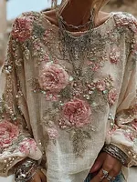 Women's Vintage Flower Embroidery Art Pattern Long Sleeve T-shirt