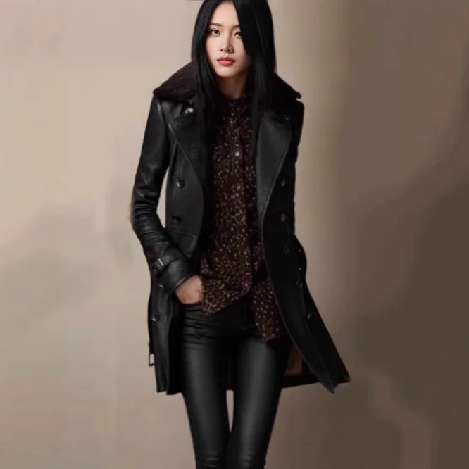 Nigikala Nigikala Women's Coat British Windy Thick Collar Long Leather Locomotive Leather Jacket Jacket Woman