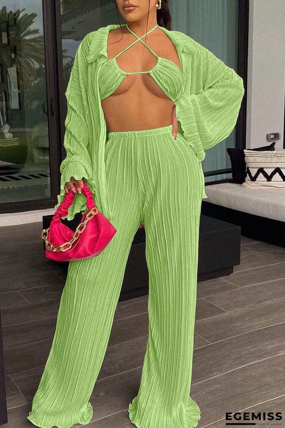 Green Yellow Sexy Solid Patchwork Fold Long Sleeve Three Pieces | EGEMISS
