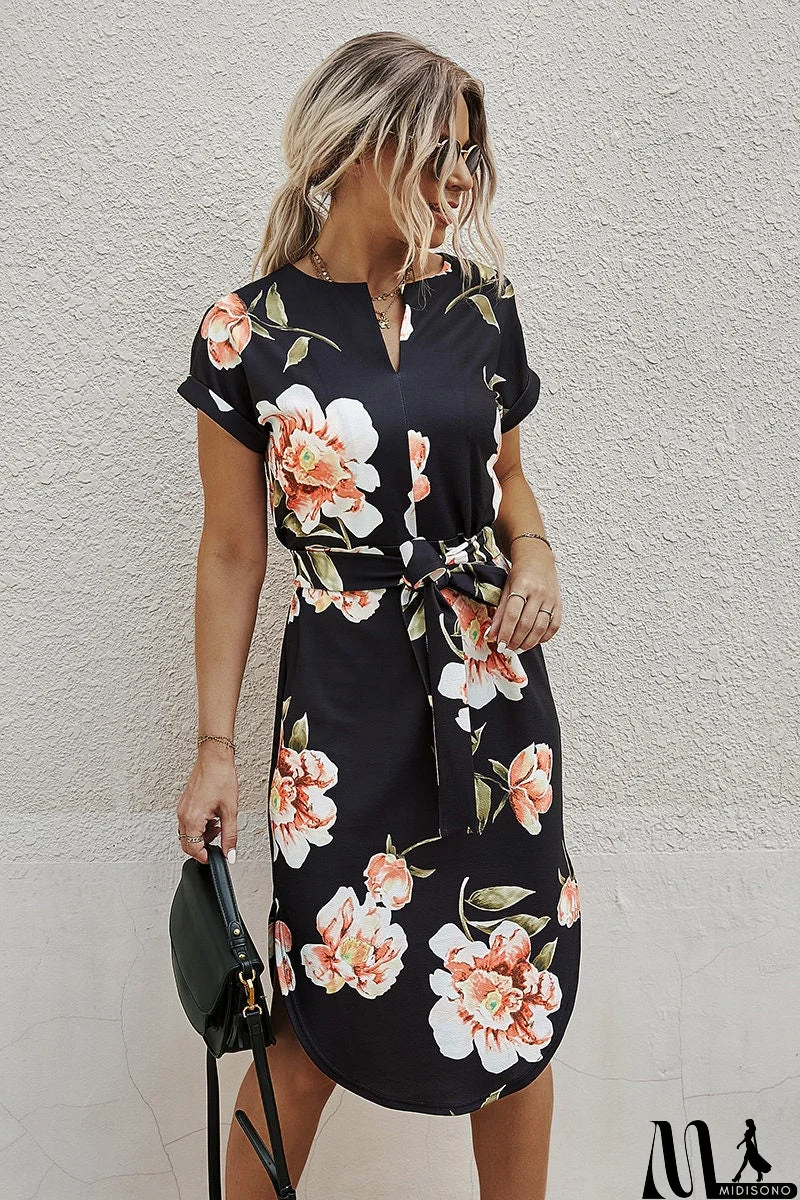 MidiSono - Floral Print Waist Tie Midi Dress