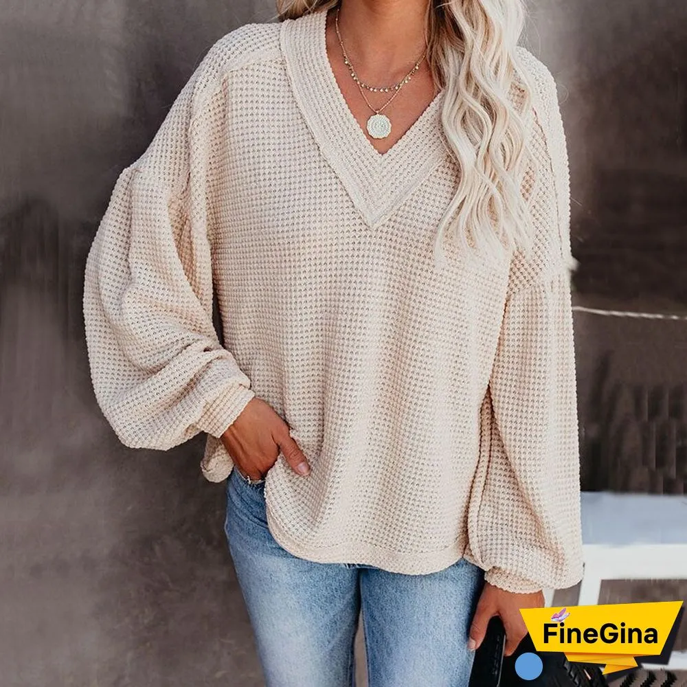 Ladies Sweater V Neck Knitted Pullovers Autumn Winter Lantern Sleeve Solid Warm Halloween Sweaters Loose Women's Jumper