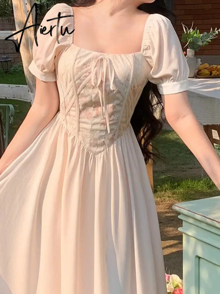 Aiertu Summer Print Elegant Sweet Dress Women Puff Sleeve France Vintage Princess Dress Female Korean Style Party Midi Dress  New Aiertu