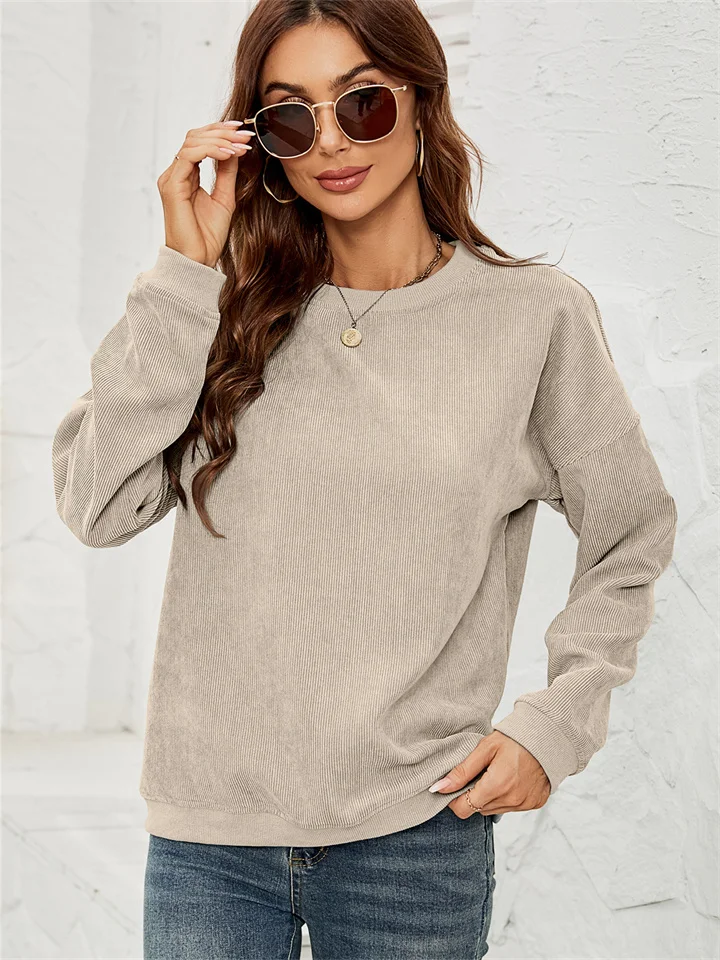 Women's Corduroy Sweater Round Neck Long-sleeved Tops Fall and Winter-JRSEE