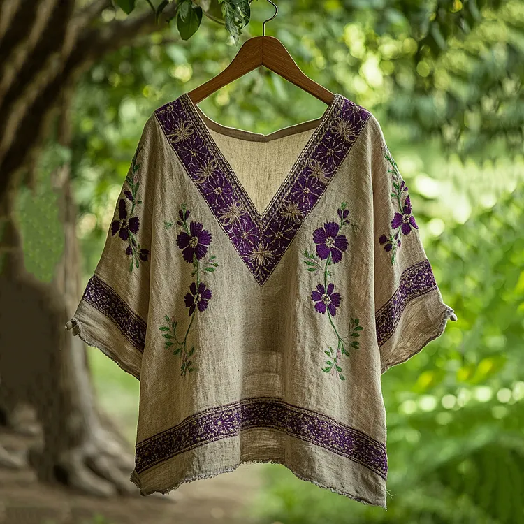 Flower Embroidered V-neck Loose T-shirt
