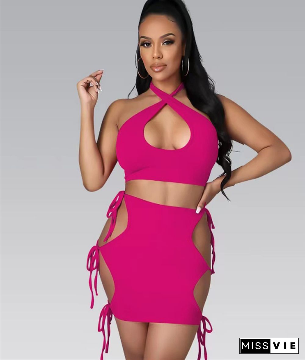 Halter Backless Crop Tops Hollow Out Lace Up Skirt Sets