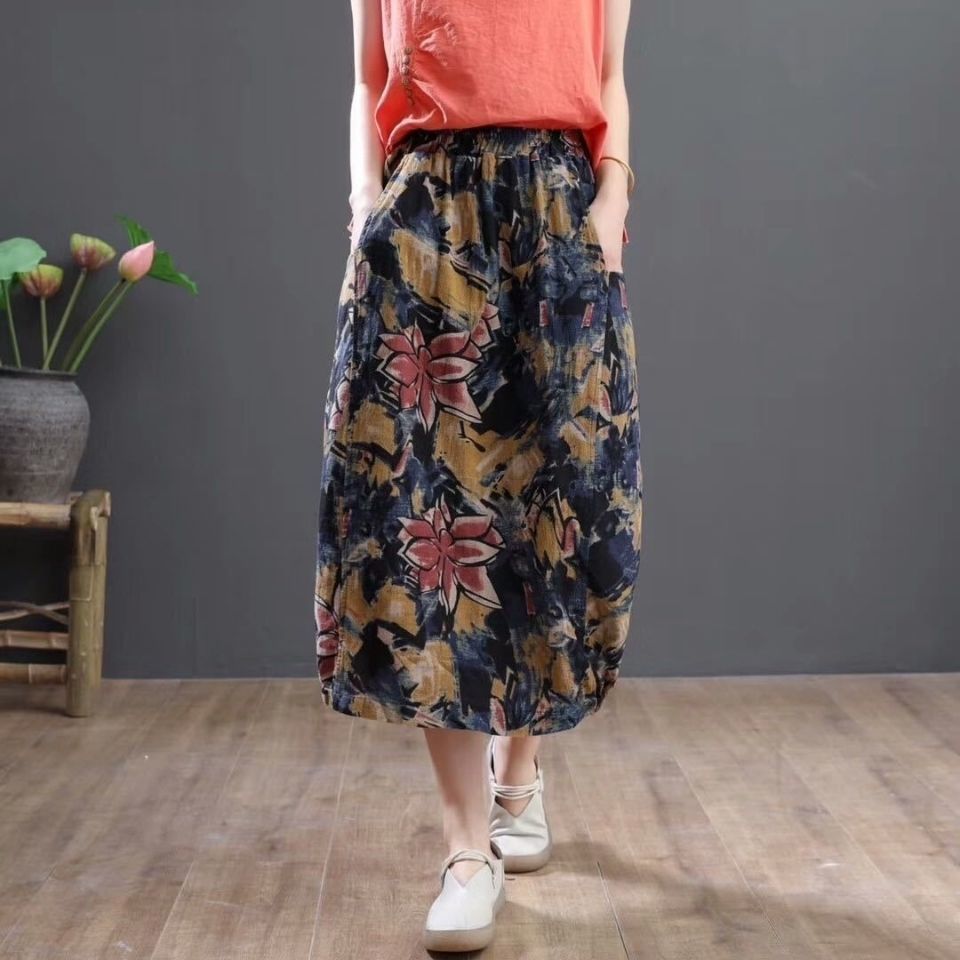 Vintage Floral Print Cotton Linen High Waist Casual Skirt