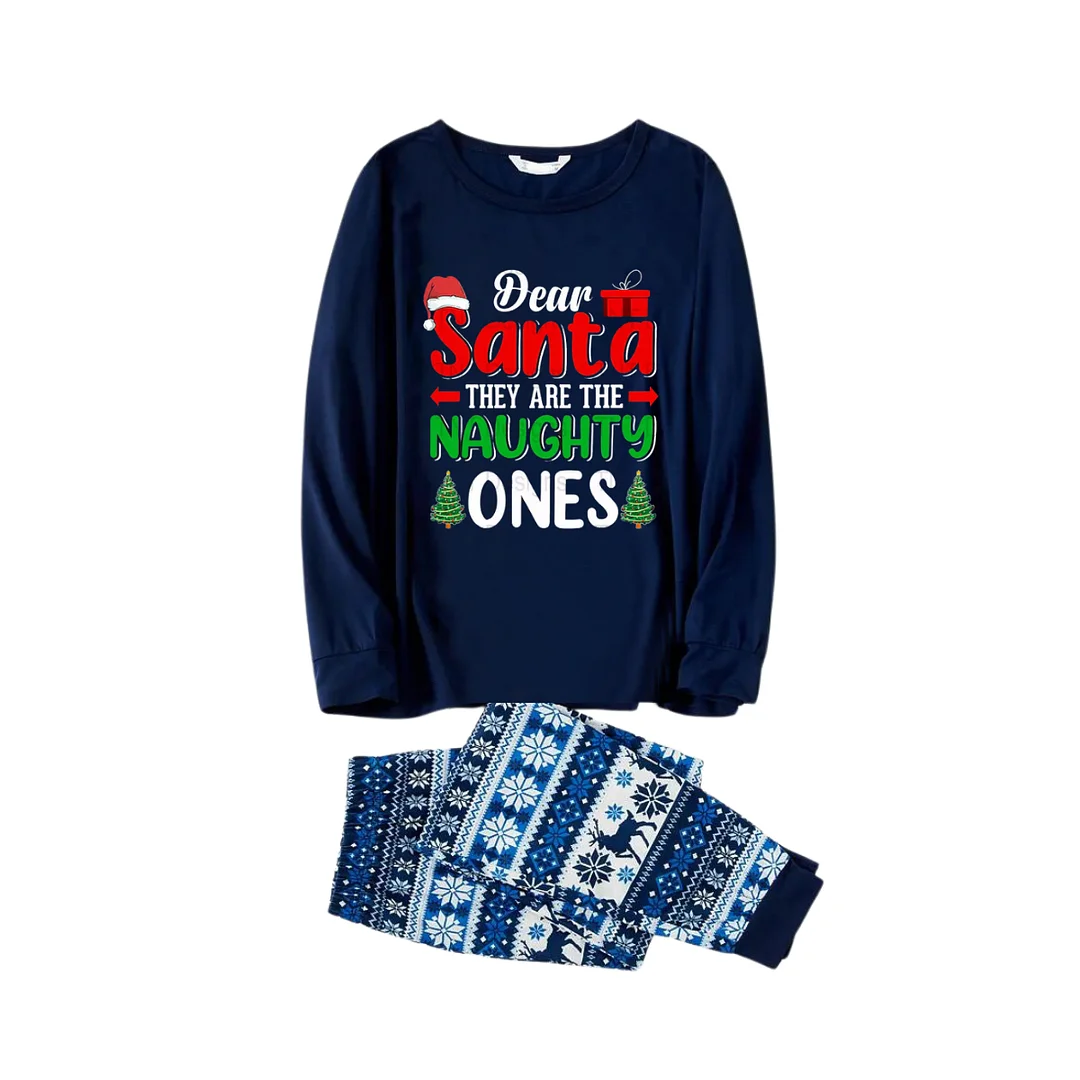 "Dear Santa They are The Naughty Ones" Slogan Printed Blue Family Christmas Matching Pajamas