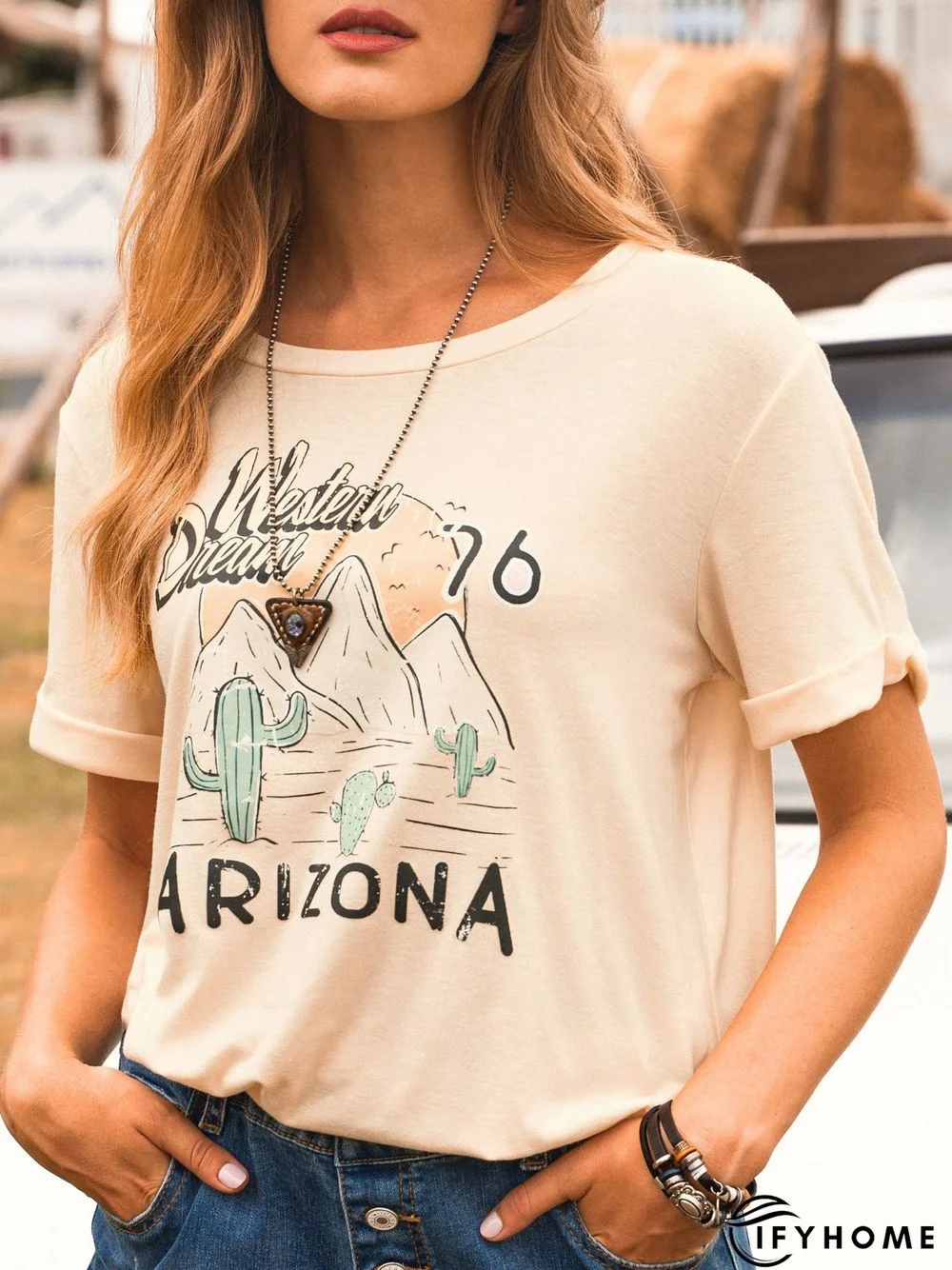 Apricot Short Sleeve Printed T-shirt | IFYHOME