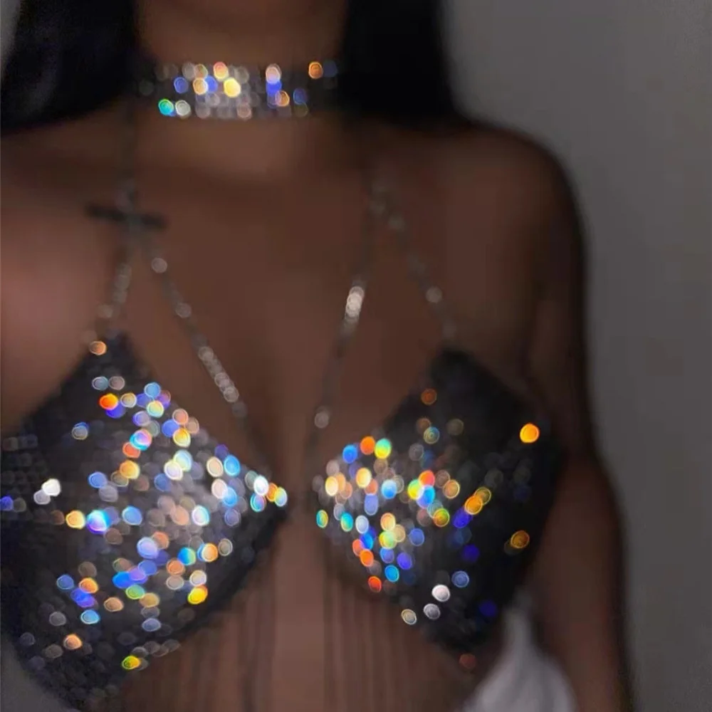 Uveng Uveng Type Sequins Slim Short Money Inside The Sling Type Anti-Light Black Small Vest DYJ2048