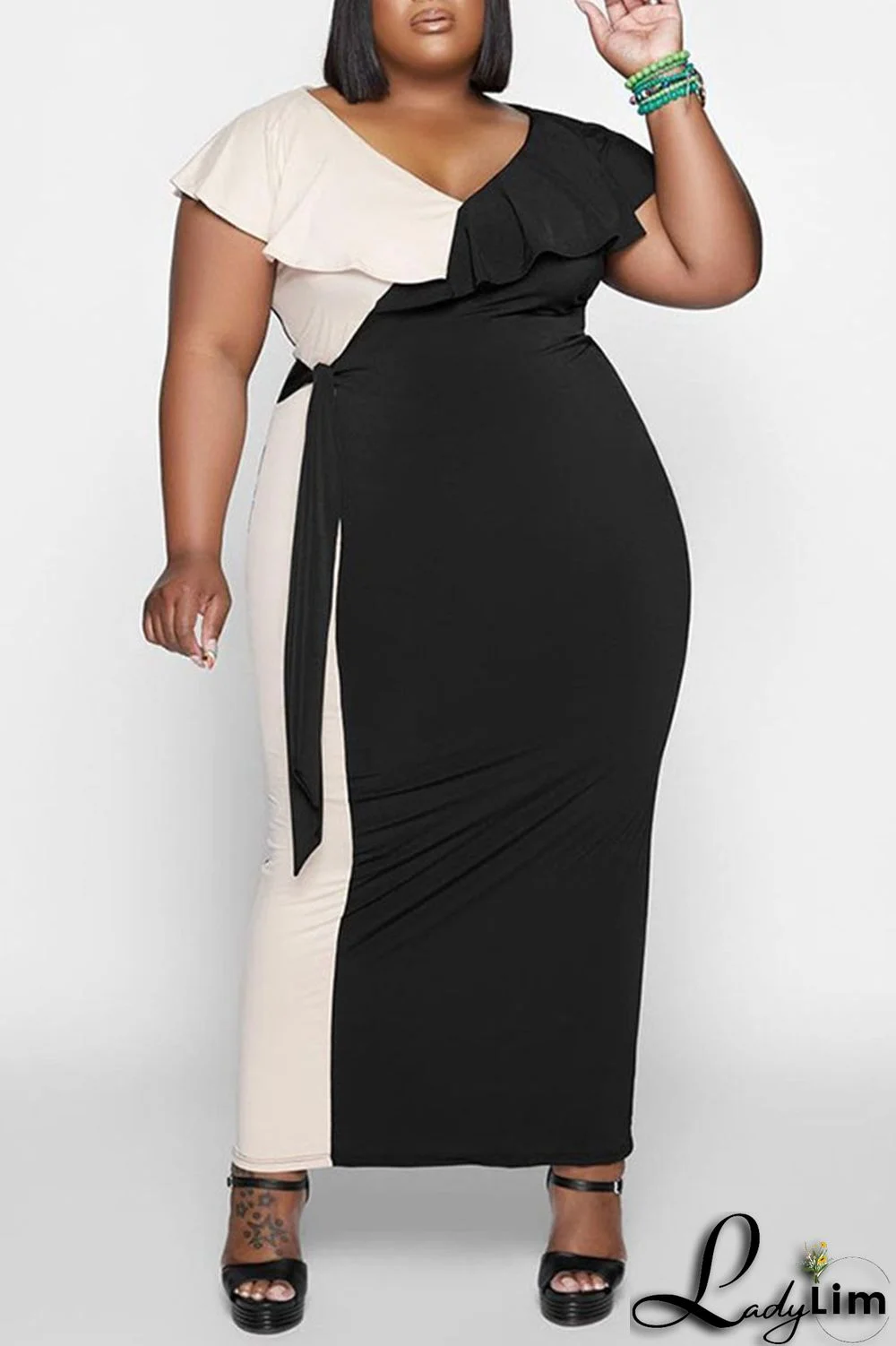 White Casual Solid Split Joint Flounce V Neck Plus Size Dresses