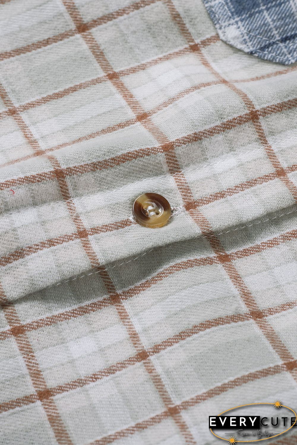 Sky Blue Plaid Color Block Pocket Button-up Long Sleeve Shirt