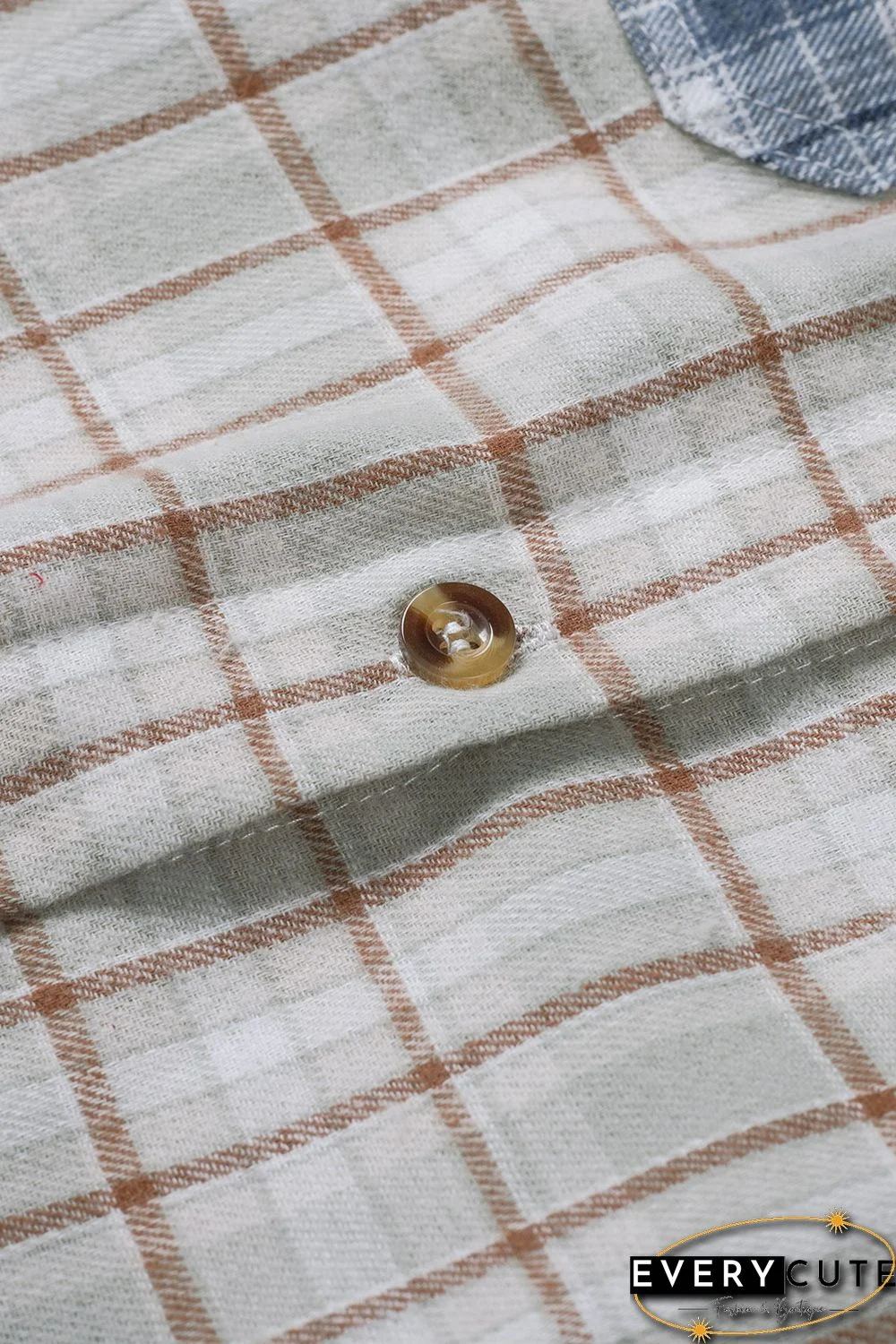 Sky Blue Plaid Color Block Pocket Button-up Long Sleeve Shirt