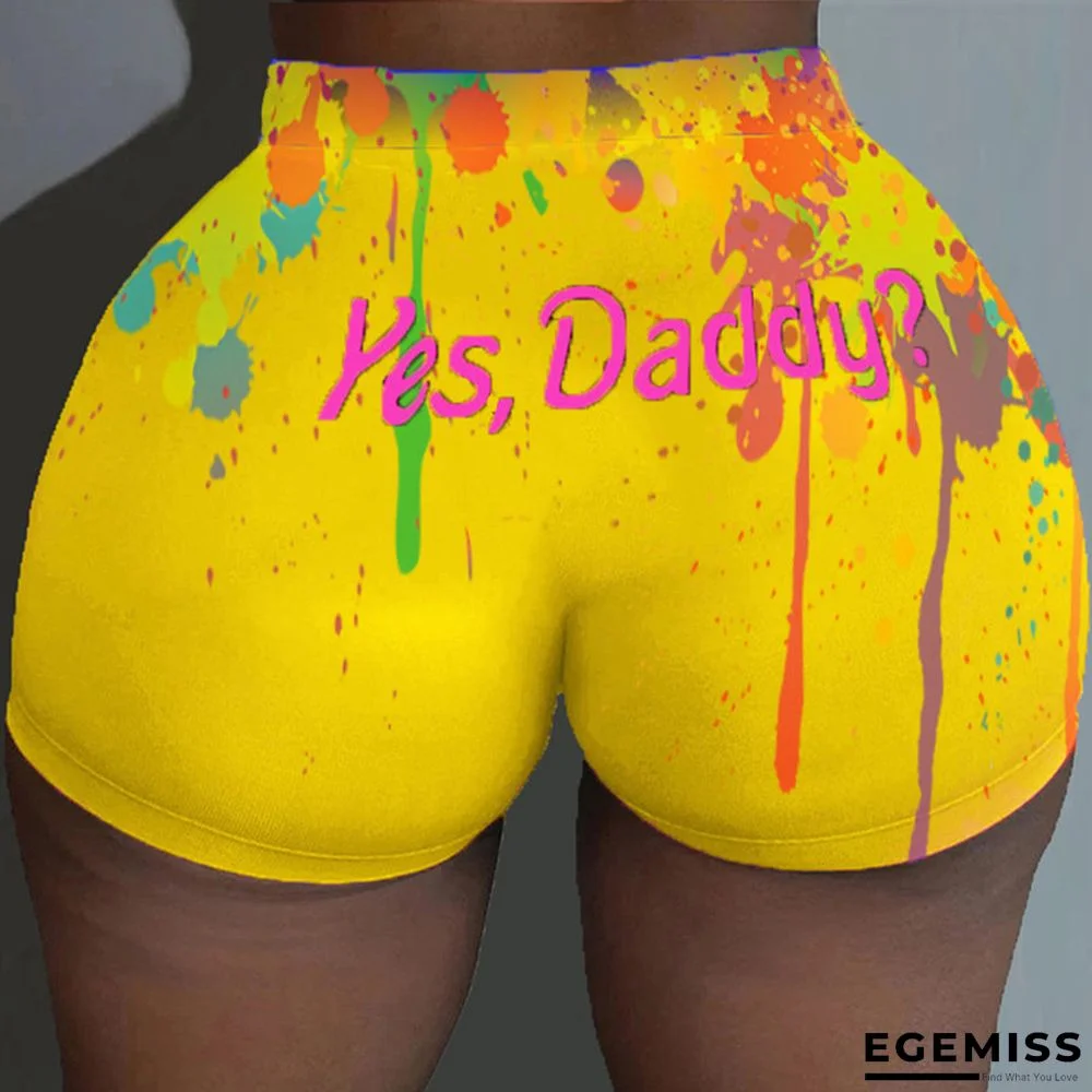 Yellow Elastic Fly Mid Print Skinny shorts Bottoms | EGEMISS