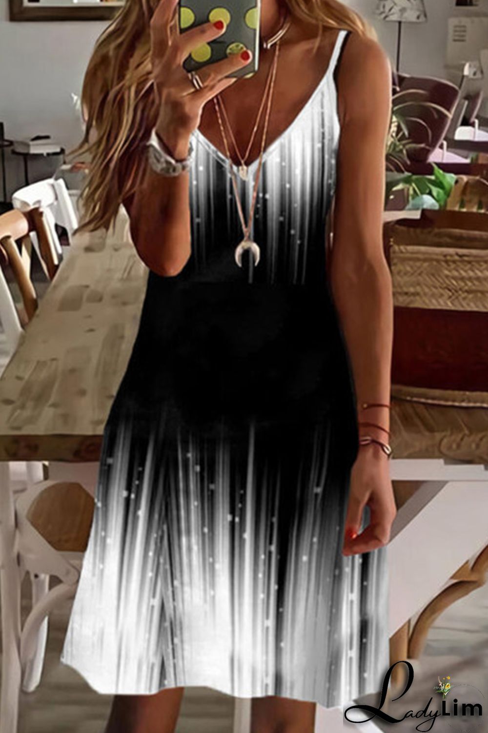 White Black Sexy Casual Print Backless V Neck Sling Dress