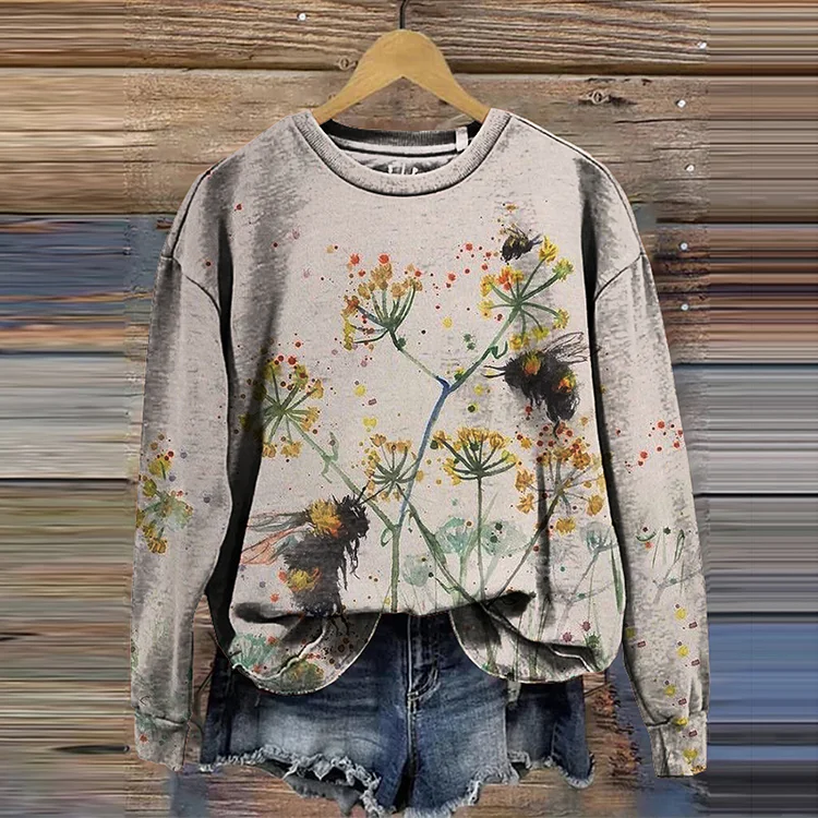 VChics Vintage Floral Cute Bees Print Sweatshirt