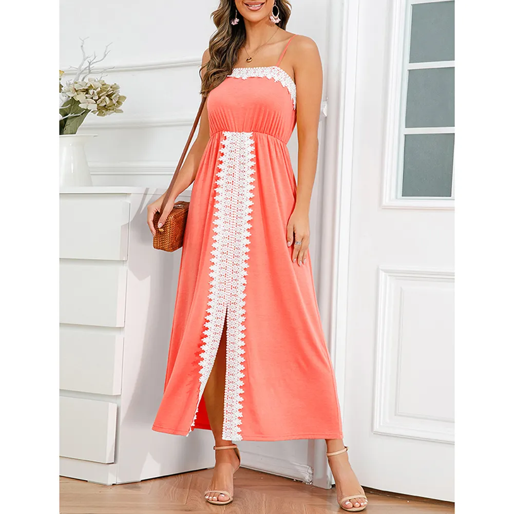 Pink Spliced Lace Trim Spaghetti Straps Dress