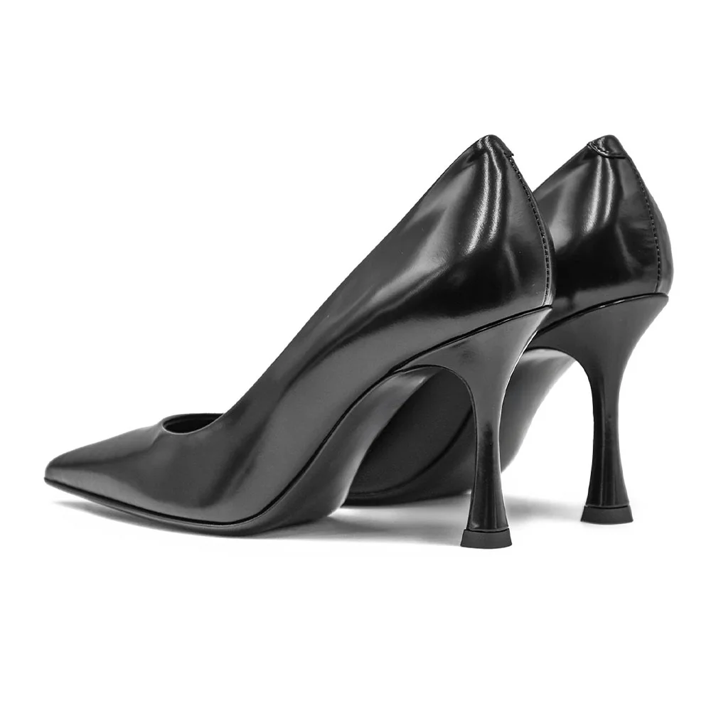 Fashion Black Pointed Toe Spool Heel Slip On Pumps for Women
