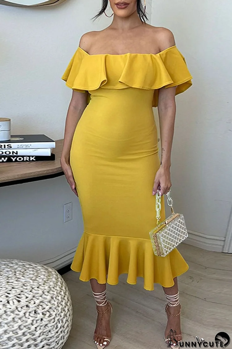 Yellow Sweet Solid Patchwork Flounce Off the Shoulder One Step Skirt Dresses