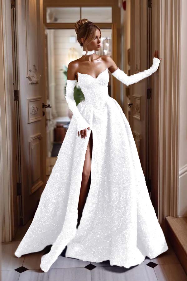 Hidais Strapless Sleeveless Long Split Prom Dress With Sequins Detachable sleeves