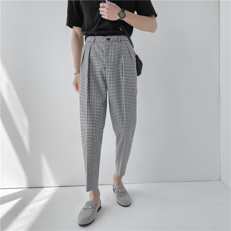 Woherb 2021 Summer Men's Casual Suit Pants Vintage Micro Plaid Trousers Male Regular Fit Elastic Waist Tapered Ankle Length Bottoms
