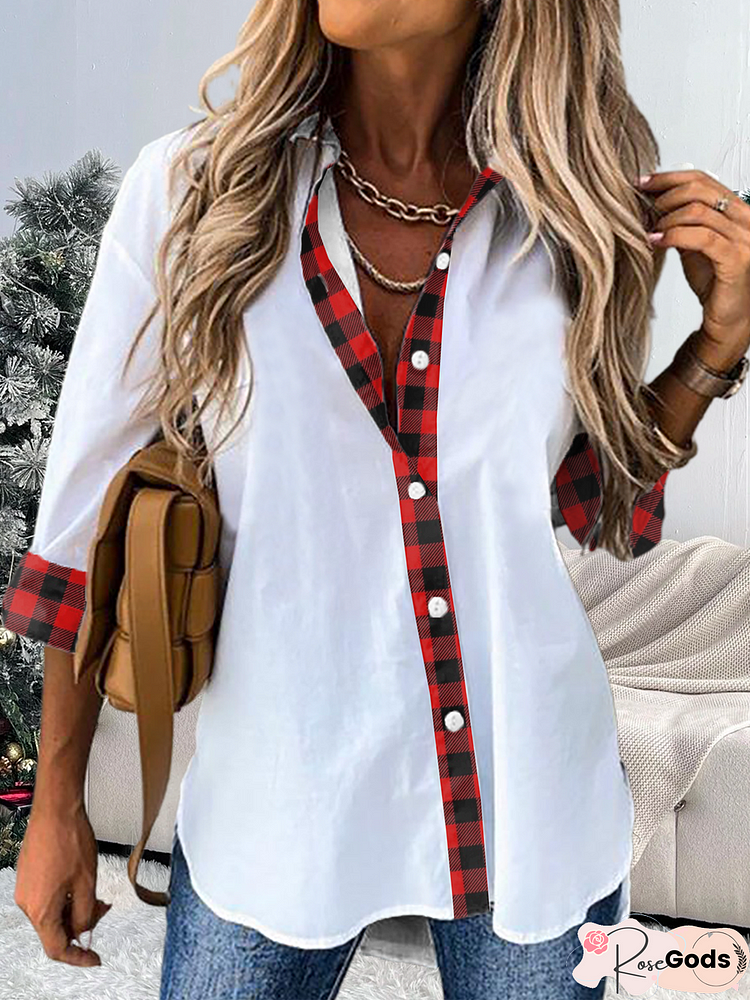 Christmas Plaid Shirt Collar Casual Blouse Xmas Blouse