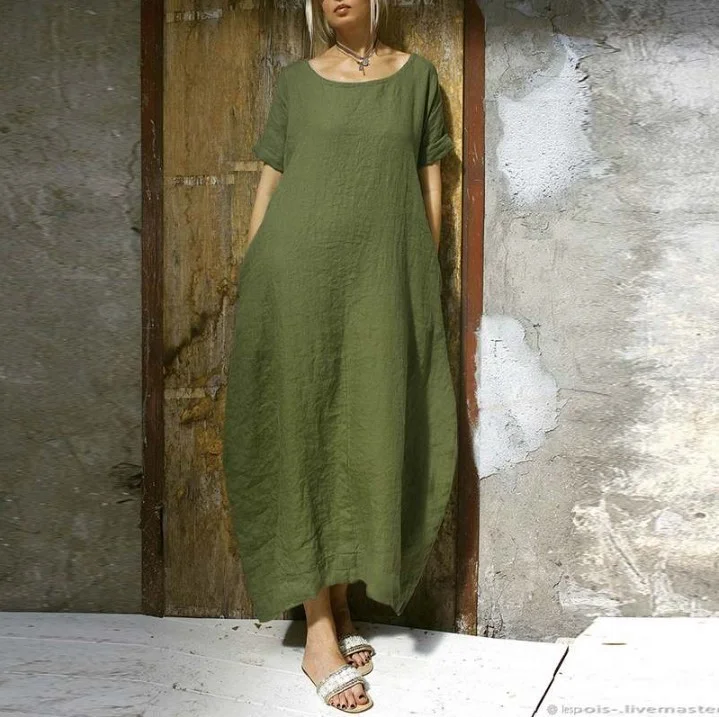 Casual Loose Solid Color Round Neck Pocket Cotton Linen Dress