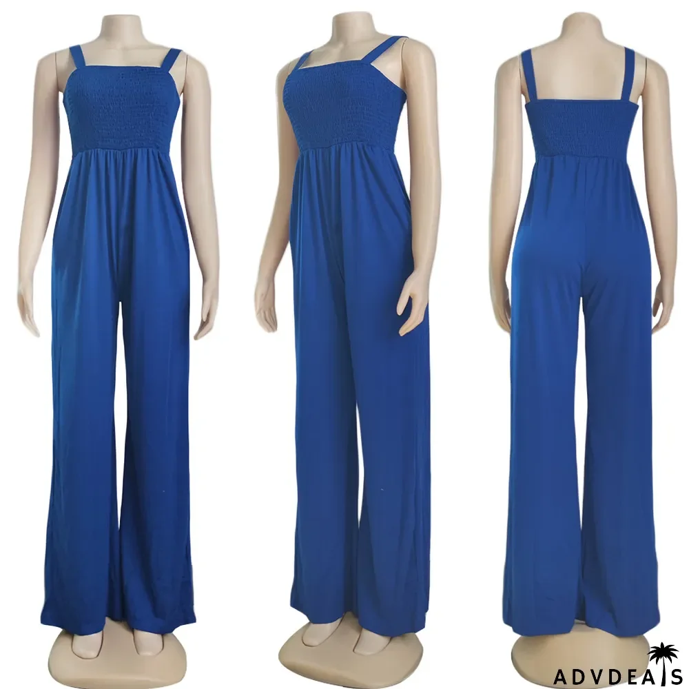 Solid High Waist Sleeve Strap Jumpsuit