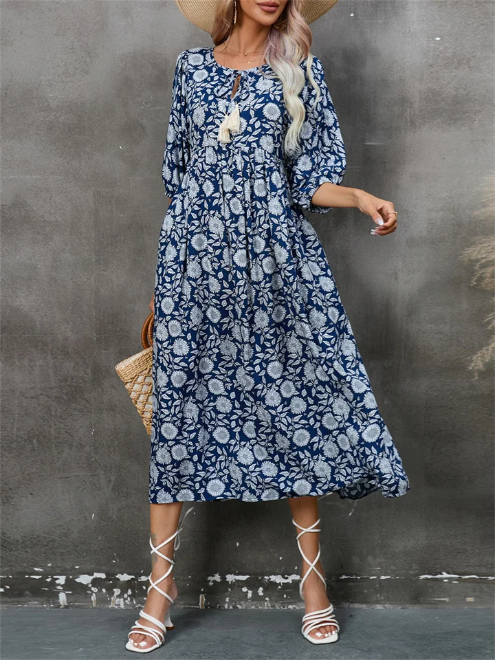 Summer V-neck Floral Print Half-sleeved Cotton A-line Skirt High-waisted Tied Five-point Sleeve Dress Bohemian Vacation Beach Dress-Cosfine