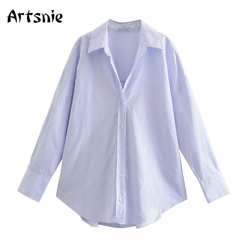 Artsnie Blue Striped Casual T Shirt Women Spring 2021 Half Open Collar Single Breasted Long Sleeve Tops Ladies Oversized T-shirt