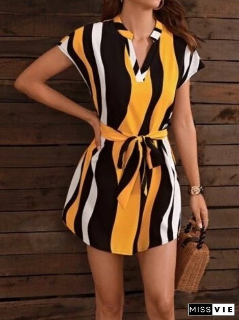 Women's Dresses V-Neck Striped Short Sleeve Belt Dress
