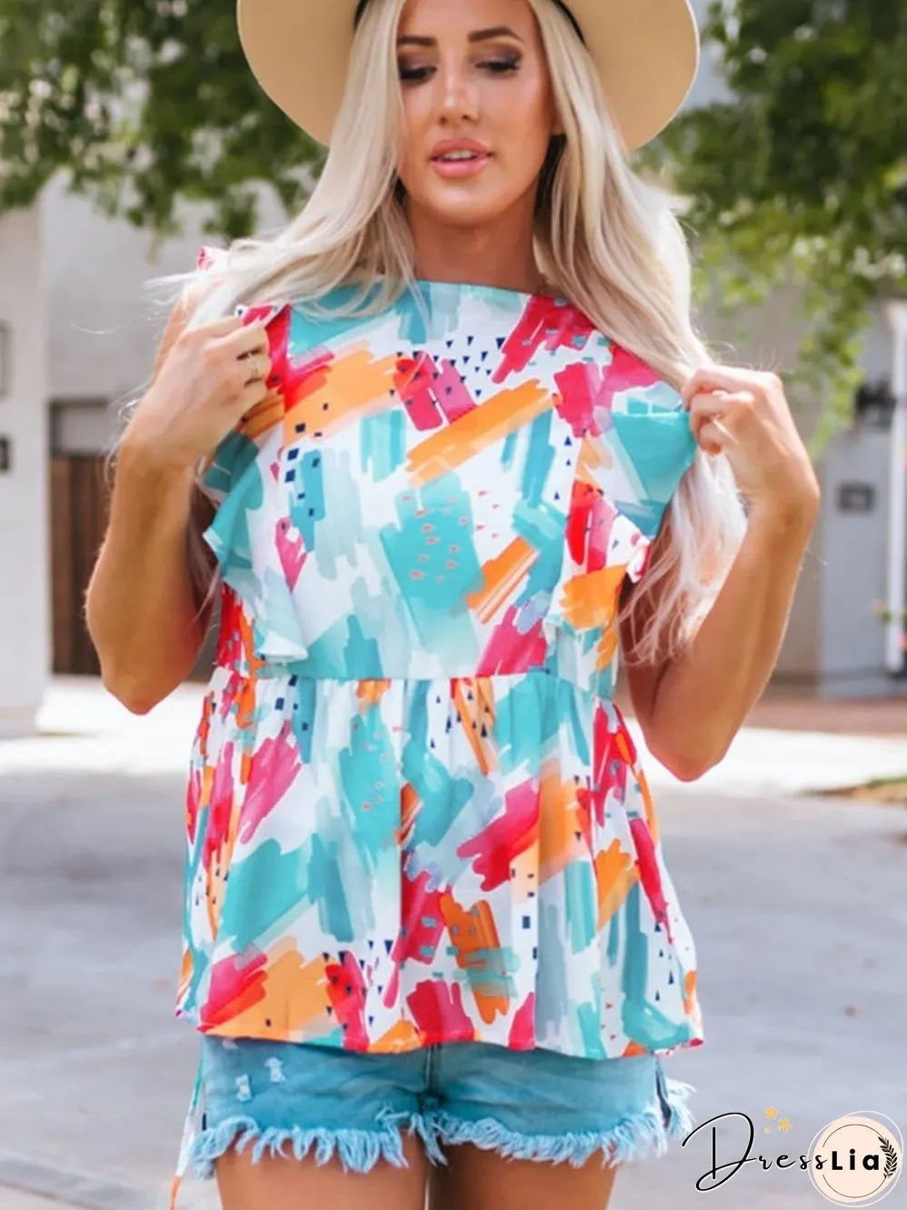 Dreamy Sky Brush Stroke Ruffle Peplum Blouse