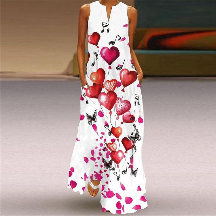 Vintage Sleeveless Pocket Printed V-Neck Dress-Mayoulove