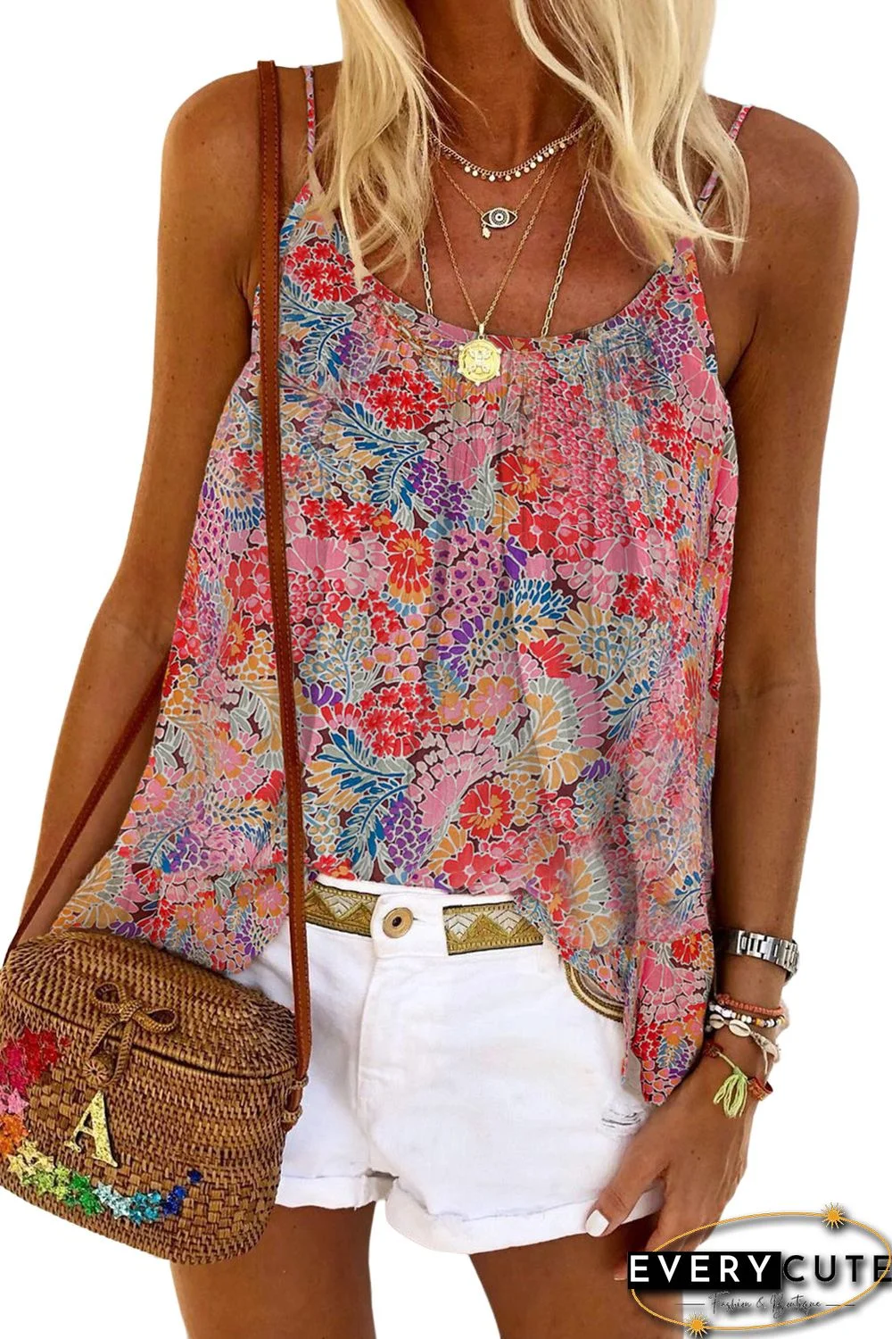 Multicolor Spaghetti Straps Floral Print Sleeveless Top