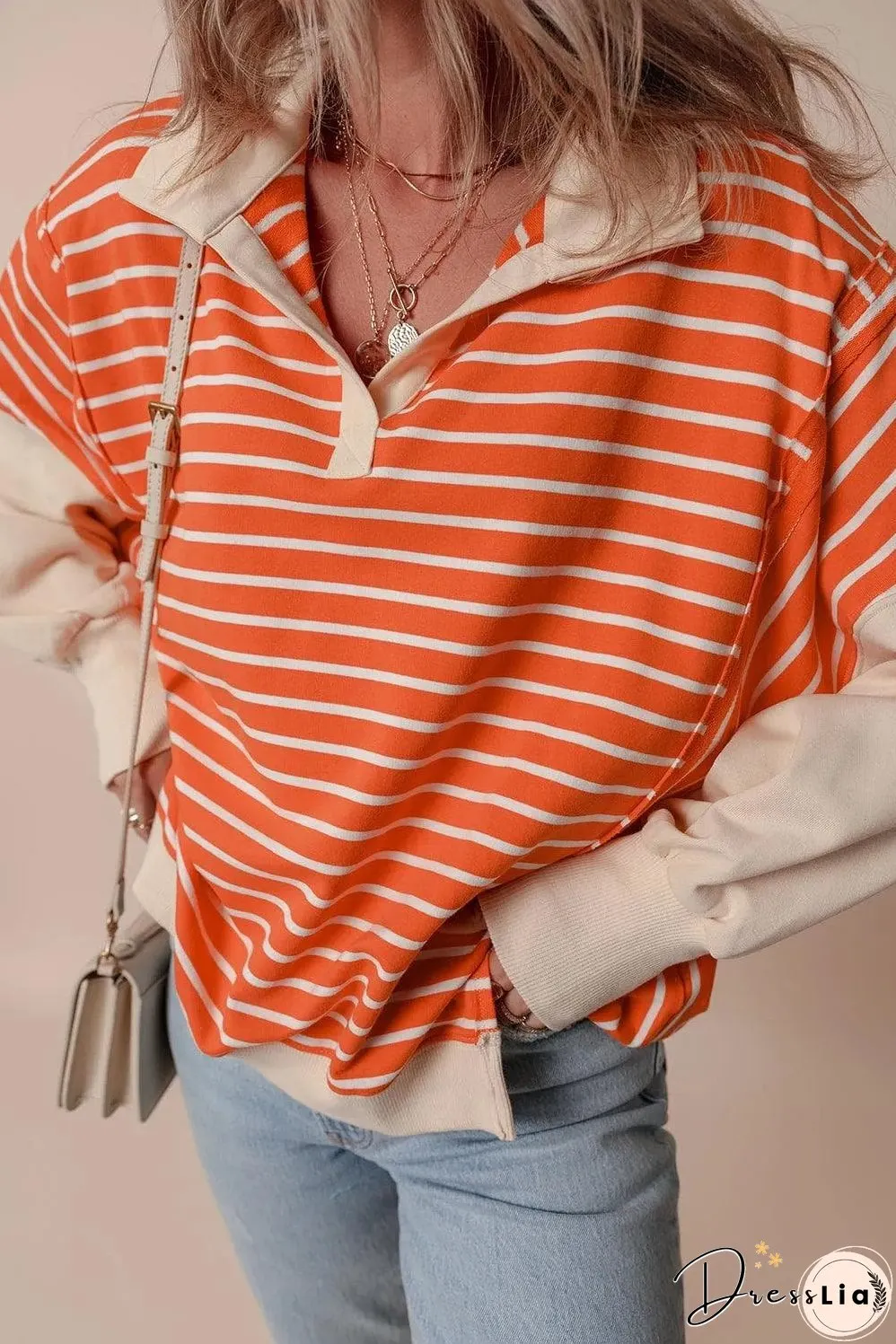 Orange Stripe Color Block Loose Fit Collared Drop Shoulder Sweatshirt