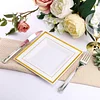 10 Pack | 7" Gold Trim White Plastic Square Dessert Plates, Disposable Appetizer Salad Plates